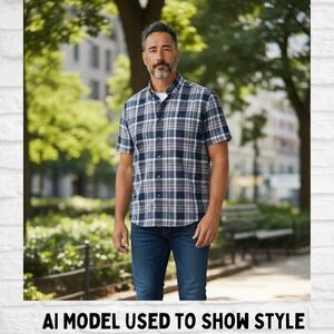 Eddie Bauer Men XL Shirt Classic Fit Short Sleeve Plaid Navy Blue Cotton Pocket